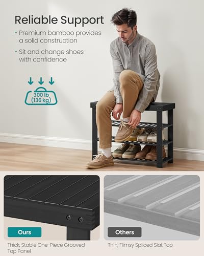 Image of SONGMICS Shoe Rack Bench, 4 Tier Bamboo Shoe Storage Organizer, Entryway Bench, for Living Room, Bathroom, Bedroom, 11.3 x 27.6 x 20.5 Inches, Ink Black ULBS370BH01