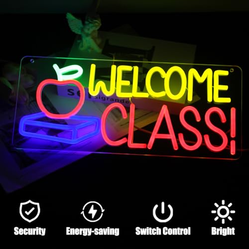 Image of Welcome Class Neon Sign Apple Book LED Sign Back to School Classroom Decor | Dimmable Light Up Signs, Student Classroom Neon Light, Colorful Wall Sign, Acrylic Night Light, School Opens Party Decoration