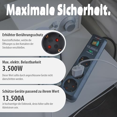 Brennenstuhl Eco-Line Steckdosenleiste 3-Fach mit Überspannungsschutz (Mehrfachsteckdose mit erhöhtem Berührungsschutz, Schalter und 1,5m Kabel) anthrazit