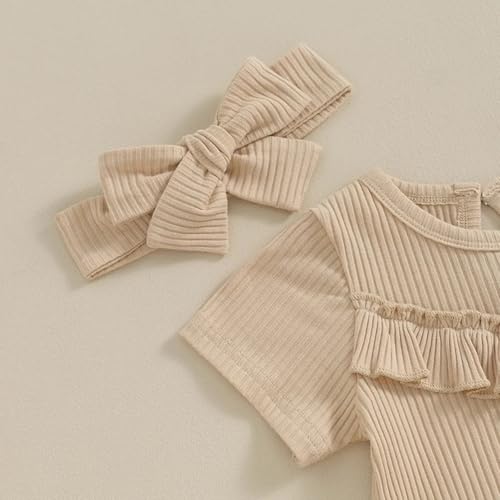 Newborn Baby Girls Ribbed Knit Ruffle Short Sleeve Romper Shorts Headband 3pcs Basic Solid Clothes Cute Outfit2