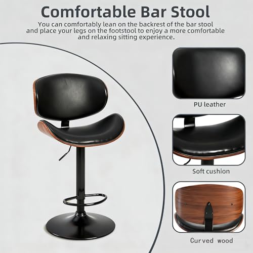 Image of HealSmart Swivel Bar Stools Set of 2, PU Leather, Adjustable Height Bentwood BarStools with Ergonomic Back and Footrest, Ideal for Bar Stools for Bar Counter, Home Kitchen, Dining Room, Black