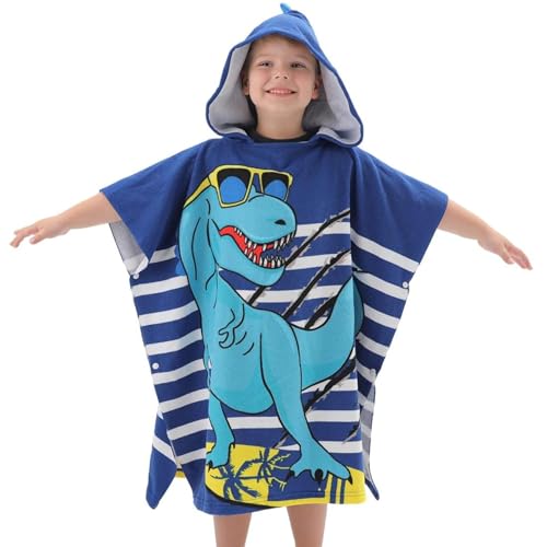 Image of Famyo Poncho Hooded Towel for Kids 1-7 Years | Quick Dry Kids Towel | Soft Lightweight Baby Wrap for Beach | 60 X 60Cm Toddler Pool Towel for Boys & Girls | Micro-Fiber Bath Towels | Cool Dino Blue