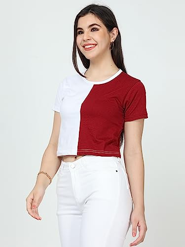 Image of FLEXIMAA Women's Cotton Plain Round Neck Half Sleeve Crop Top