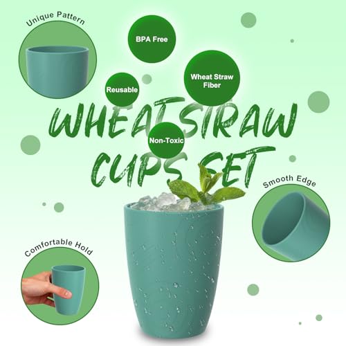 Image of Wheat Straw Small Cups Set of 6, 12 OZ Plastic Kids Cups, Colorful | Reusable Plastic Drinking Glasses for Latte & Coffee - Unbreakable Drinkware for Camping