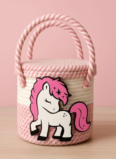 SAYNA TEXTILES| Girl room storage Basket with Lid, Cotton Rope, Pink and White, 20x20 cm, Room Decor storage basket-image-2