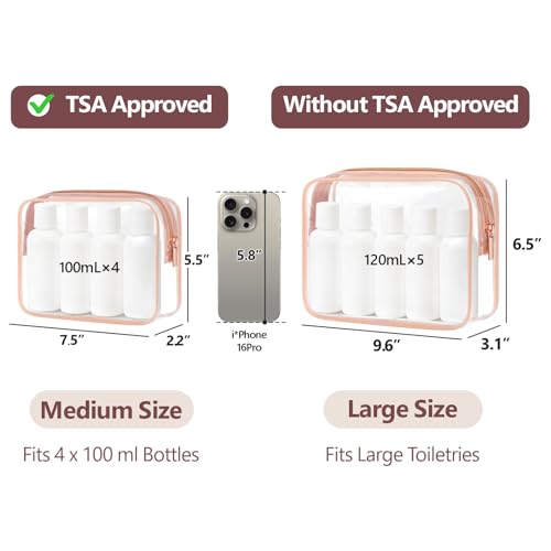 TSA Approved Toiletry Bag 2 Pack - 1 Medium TSA Quart Carry-On & 1 Large for Checked Luggage, Water-resistant Clear Makeup Bag Clear Travel Bags for Toiletries, Rose Pink - Image 4