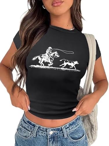 Tewmeu Cropped Cowgirl Outfits for Women Western Rodeo Crop Tops Cowboy Country Concert Graphic Tees