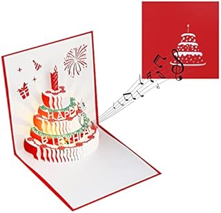 Pop Up Happy Birthday Candle Cards 3D Cake Greeting Card Singing and Glowing Birthday Cards with Envelope,LED Light Happy Birthday Music Card with Envelopes Happy Birthday Gift for Men Women (Red)
