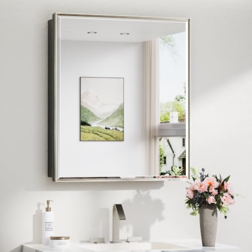 Image of TokeShimi 26x30 in Nickel Bathroom Medicine Cabinet, Adjustable Shelves