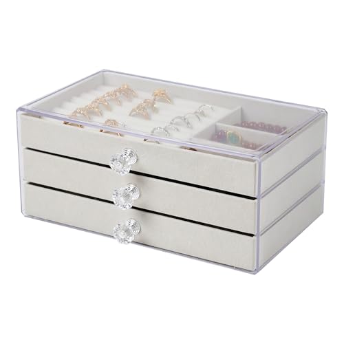Modern Acrylic Jewelry Display Case - 3-Drawer Beige Storage Box with Non-Slip Base - Ideal Earring & Ring Organizer for Bedroom, Bathroom or Travel