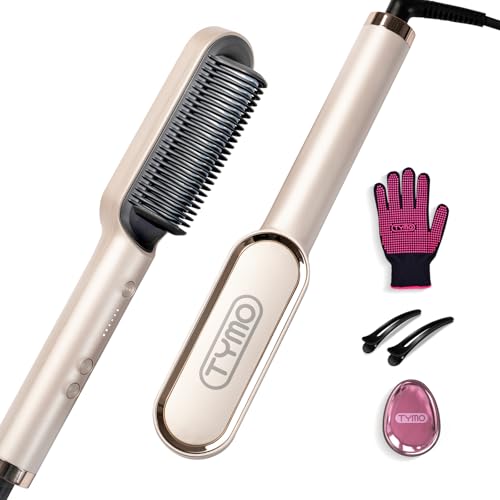 TYMO Hair Straightener Brush, Flat Iron & Hair Brush 2 in 1 for Straightening Hair, Anti-Scald Hot Comb, 5 Temp for All Hair Types (130℃~210℃), Finish with Smooth, Shiny Hair,TYMO RING (Gold)
