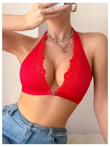 Image of SOLY HUX Bras for Women Halter Lace Front Closure Bralette | Wireless Bra, Deep V Neck, Triangle