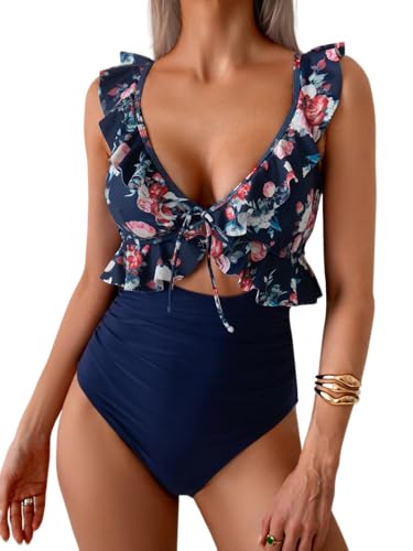 Image of Eomenie One Piece Swimsuit for Women Tummy Control Ruffle Bathing Suit V Neck Ruched Swim Suit Slimming Cutout Swimwear