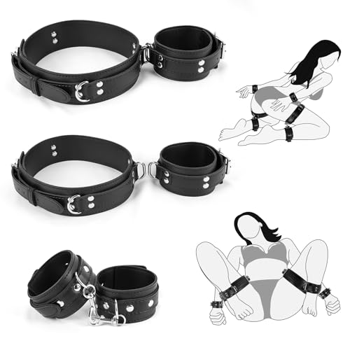 BDSM Bondage Handgelenk Oberschenkel und Knöchelriemen Fesseln Set, Sexspielzeug für Frauen mit Verstellbaren Beinriemen Handschellen, Leder 3 in 1 Kit für Paare Anfänger Spiel (Dark)