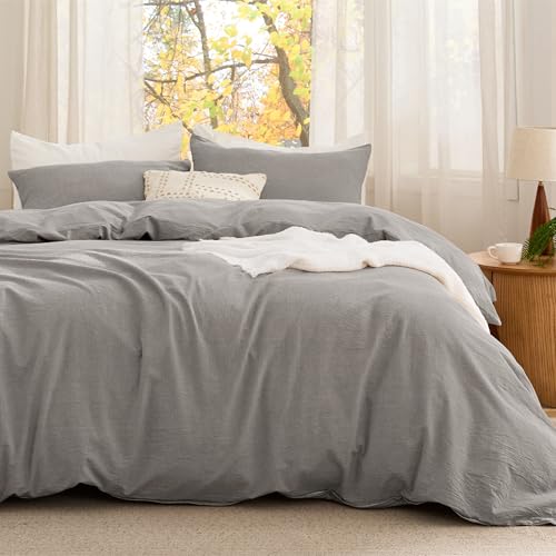 Image of Bedsure Comforter Set King Size - Cotton Fabric with Microfiber Inner Fill, Grey Stone PureWoven Soft Bed Set for All Seasons, 3 Pieces, 1 Comforter (104 inch x 90 inch) and 2 Pillow Cases (20 inch x 36 inch)