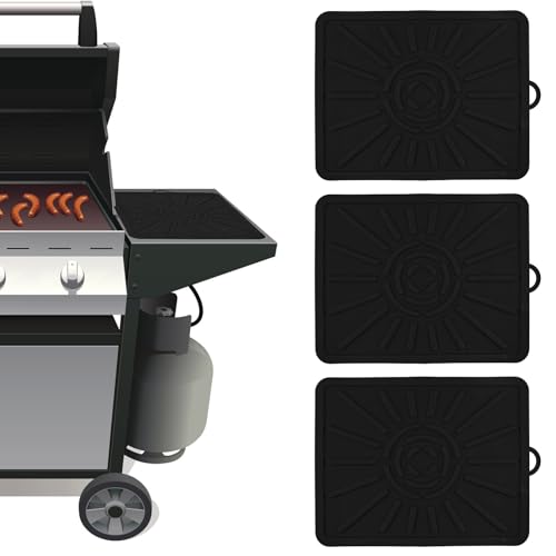4pcs Side Shelf Mat for Blackstone, 14.17x11.22x0.31 Inch Silicone Griddle Tools Mat Heat Resistant Silicone BBQ Pad Griddle Protective Mat Grill Prep Trays for Kitchen Cooking (Black)