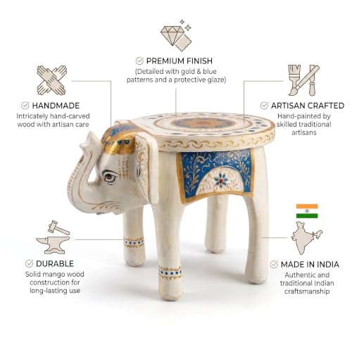 Image of JH Gallery Handmade Wooden Elephant Stool, Hand-Painted Decorative Side Table for Home Decor, Living Room, Bedroom, Balcony & Office Accent Furniture (20 cm, 8 Inch)