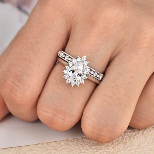Wedding Ring Set for Her Wedding Band Engagement Ring Set for Women 925 Sterling Silver 2Ct Pear Cut AAAAA Cz Size 5-104