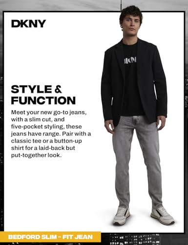 Image of DKNY Bedford Slim Fit Jeans for Men - Tapered Leg Stretch Denim Pants, Classic 5-Pocket Styling | Mens Slim Fit Jeans