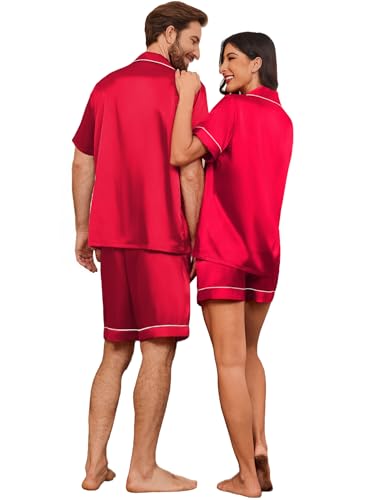 Image of Ekouaer Couple Matching Pajamas Sets Silk Short Sleeve Button Down Sleepwear Satin Pjs Shorts Set Soft Loungewear S-XXL