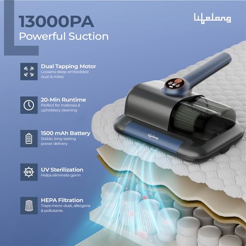 Image of Lifelong Cordless Mite Remover for Bed, Sofa & Cushions | Handheld Mattress Vacuum Cleaner with UV Sterilization, HEPA Filter & Strong Suction |Portable Dust & Allergen Remover for Home Cleaning