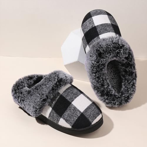 Afellicy Womens Memory Foam Slippers Warm Checkered House Shoes Indoor and Outdoor Lining Bedroom Fuzzy Slipper Comfy Shoe2