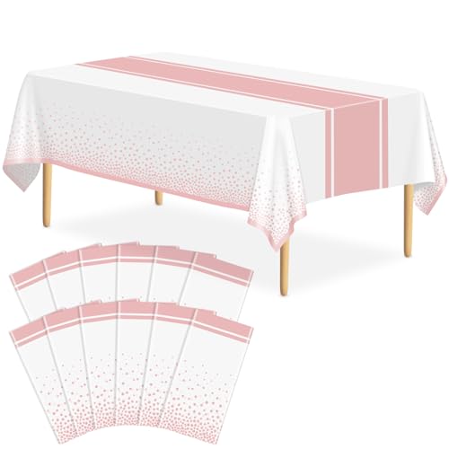 Image of 12 Pack White and Rose Gold Tablecloth Party Decorations Plastic White Tablecloth Printed Rose Gold Table Runner 54 x108 Inch Disposable Rectangle Table Cover for Birthday Wedding Graduation