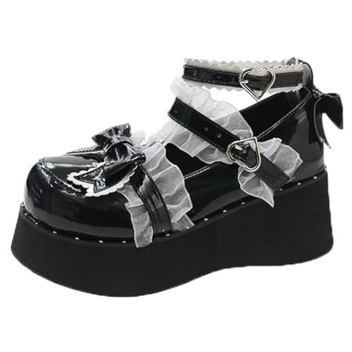 Parisuit Womens Kawaii Lolita Shoes Goth Mary Jane Wedge Heels Platform Pumps Round Toe Bow Cosplay Shoes