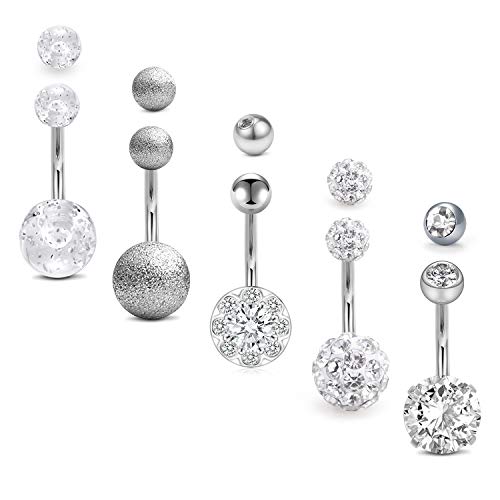 MODRSA Belly Button Rings Surgical Stainless Steel 14G Belly Ring Sparkly CZ Navel Piercings Jewelry for Women Girls 10mm Bar Replacement Ball Pack Silver