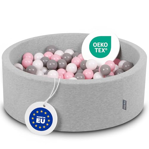 KiddyMoon 90 x 30 cm/200 bolas ∅ 7 cm piscina de bolas para crianças fabricada na UE, cinzento Clr: branco/cinzento/rosa Clr