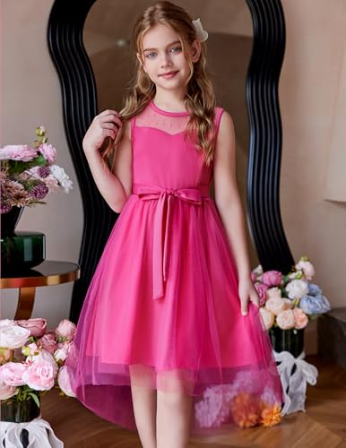 Image of Arshiner Girls Dresses Formal Party Wedding Tulle Sleeveless Contrast Mesh High Low Dress with Belt