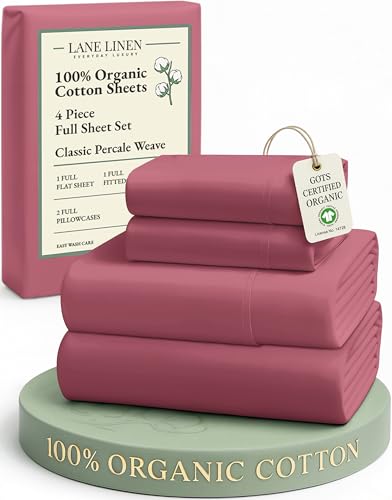 Image of LANE LINEN 100% Organic Cotton Bed Sheets Full Size, Fully Elasticized Sustainably Produced Soft & Comfy, Machine Washable Naturally Cooling Full Sheet Deep Pocket Bedding - Mineral Red
