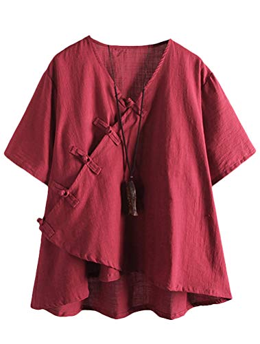FTCayanz Damen Leinen Tunika Tops V-Ausschnitt Knopfleiste Bluse Kurzarm T-Shirt Burgund XXL Cover
