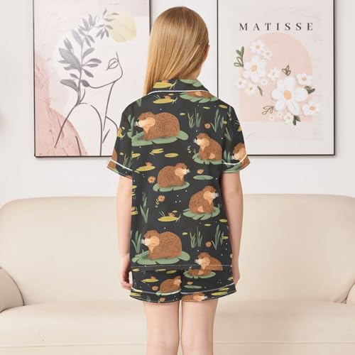 ALAZA Beaver Leaf Blossom Satin Pajamas Set Short Sleeve Button Down Sleepwear Summer Pjs 2 Piece4