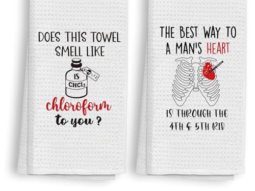 Arosedmo 2 Pack Funny Gothic Kitchen Towels, Serial Killer Gifts for Women, Twisted Sense of Humor Dark Humor Towels, Halloween Goth Home Decor, Does This Towel Smell Like Chloroform to You