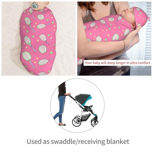Image of Pickleball and Stars Newborn Swaddle Blankets Hat Sets Soft Baby Receiving Blanket Swaddle Sack for Baby Shower Infant Boy Girl Gift