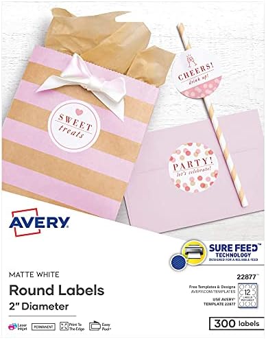Avery Printable Round Labels with Sure Feed, 2" Diameter, Matte White, 300 Customizable Labels (22877)