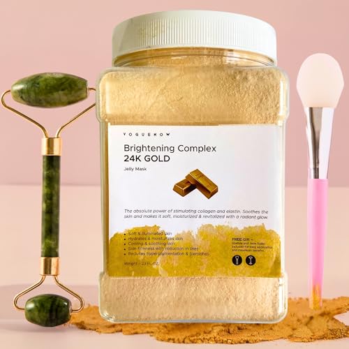 VogueNow Jelly Face Mask for Facials - 24K Gold Hydrating, Brightening & Nourishing Jelly Mask with Free Jade Roller & Spatula | Professional Hydrojelly Masks | Vajacial Jelly Mask Powder | 23 Oz Jar