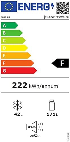 ക്ലാസ് F ഉം 222 kWh/പ്രതിവർഷ ഉപഭോഗവും കാണിക്കുന്ന ഷാർപ്പ് SJ-TB01ITXWF റഫ്രിജറേറ്ററിനുള്ള എനർജി ലേബൽ.