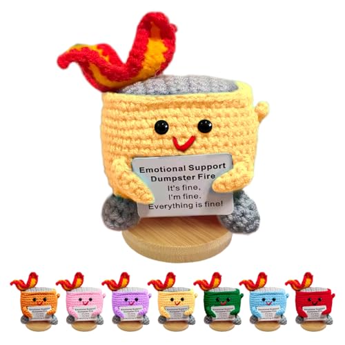 Image of Emotional Support Dumpster Fire - Positive Crochet Birthday Easter Basket Stuffers Essentials Gift for Women Men Girls Coworker Friend, Handmade Knitted Doll for Home Office Accessories Decor (Yellow)
