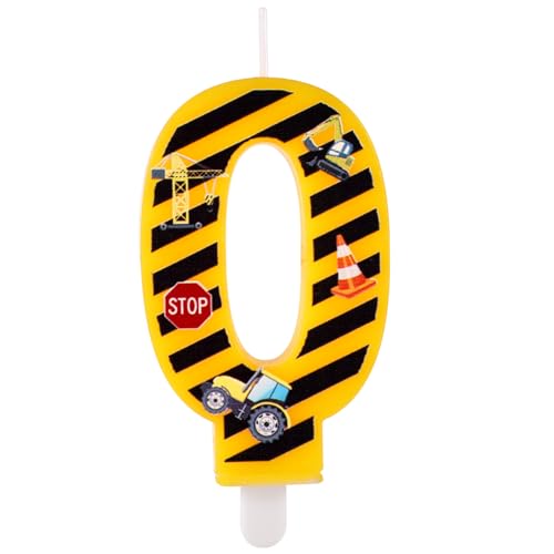 Construction Birthday Candle, Happy Birthday Candles Numbers Cake Topper Yellow and Black Striped Candles for Boys Construction Party Supplies Decorations(Number 0)