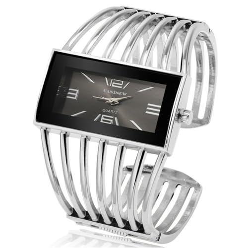 Dacdyi Women Girls Elegant Cuff Bangle Bracelet Square Dial Analog Quartz Watch, Silver, Luxury