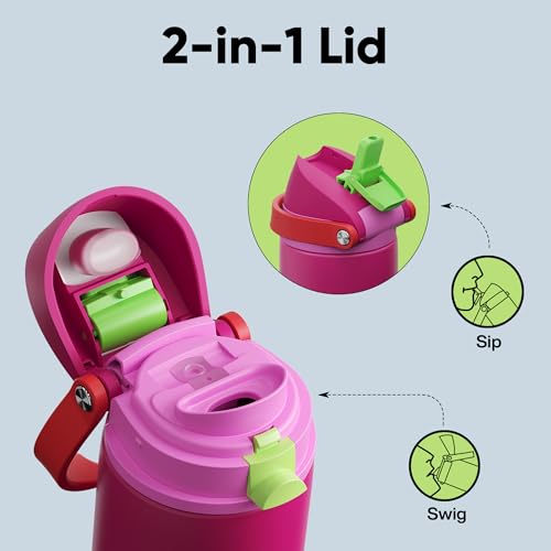 Image of Insulated Water Bottle with Straw - Encool Stainless Steel Water Bottle with Push Button Lid, Leak-Proof & BPA-Free, Keeps Cold for 24 Hours for Sports, Travel, Gym (24 oz, Cerise Pink)