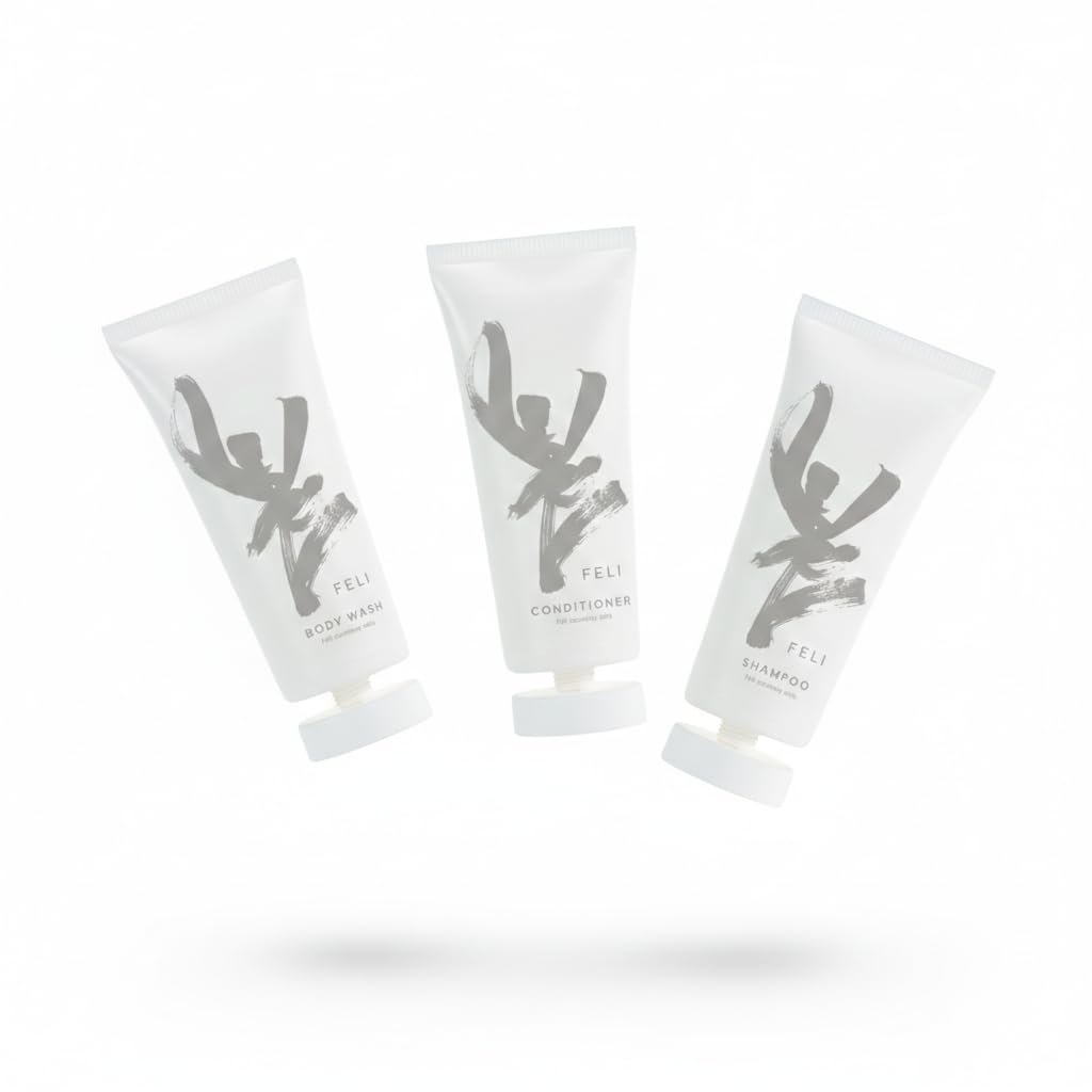 Feli Kit Cortesia Hotel – Shampoo 30 ml, Balsamo, Docciaschiuma Saponetta 20 g – Sacchetto Elegante – Ideale per Hotel, B&B, Agriturismi (S, 25, unità)