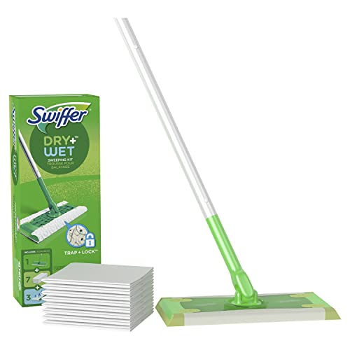Swiffer Kit de Arranque para barrendero húmedo y seco, fregonas para Suelos, Incluye 1 Escoba de Suelo, 3 Almohadillas húmedas Swiffer, 7 recambios de Trapo seco,