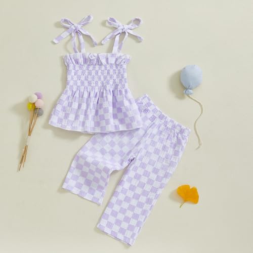 Image of Thorn Tree Toddler Girl Clothes Plaid Printed Sleeveless Pleated Camisole Linen Pants Set Baby Summer Outfits