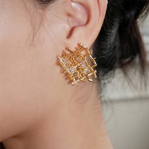 Gold Braided Stud Earrings for Women, 18K Gold Plated Chunky Earrings, Unique Design Cubic Zirconia Braided Earrings Gifts, Statement Studs Hypoallergenic Fashion Jewelry2