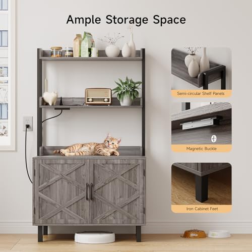 Image of ONBRILL 55 Inches Cat Litter Box Enclosure with 2 Storage Shelves, Grey