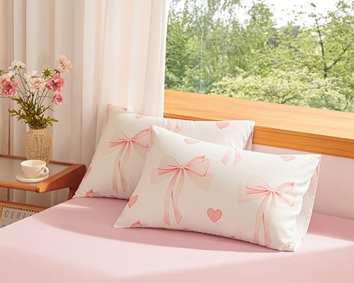 Image of Bow Duvet Cover King Size Pink Bowknot Heart Bedding Set 3 Pieces Kids Girls Cute Bows Soft Lightweight Microfiber Comforter Cover Set with Zipper Closure and 2 Pillowcases