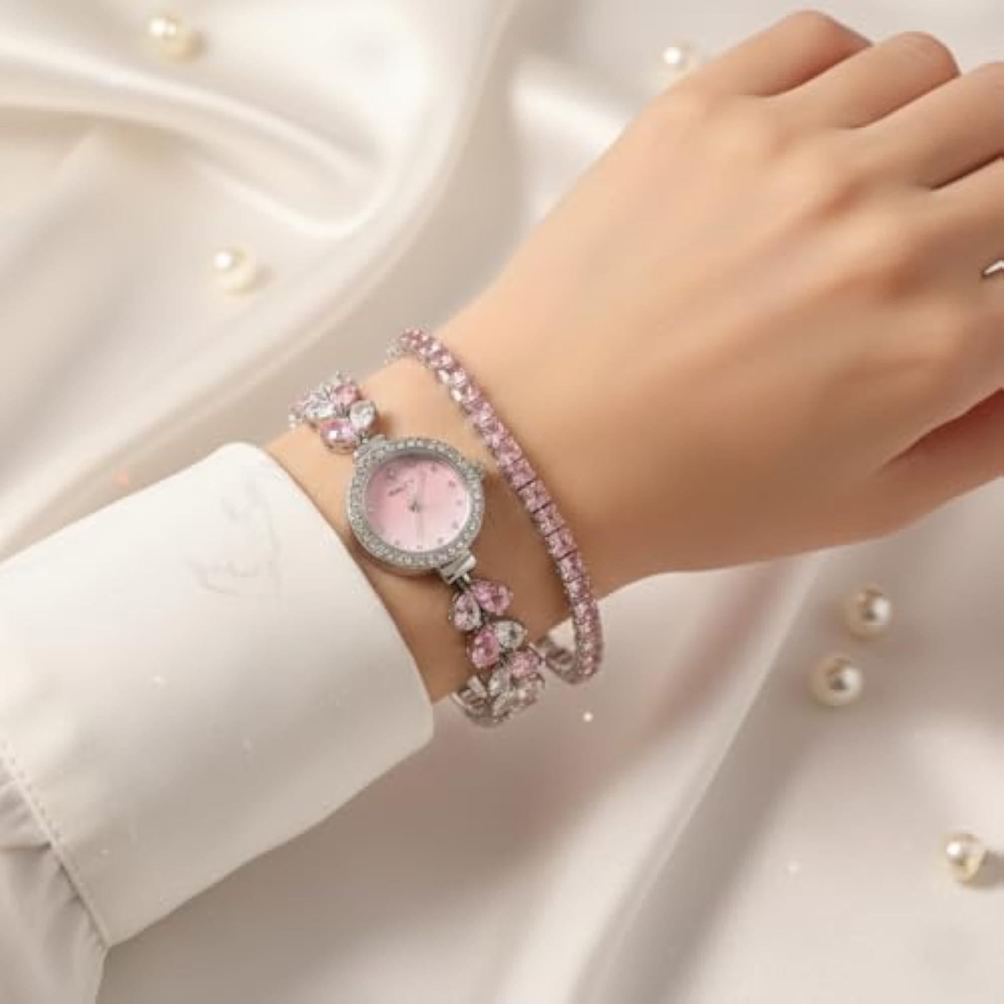 Stylish Crystal Studded Watch Bracelet Stack for Women & Girls